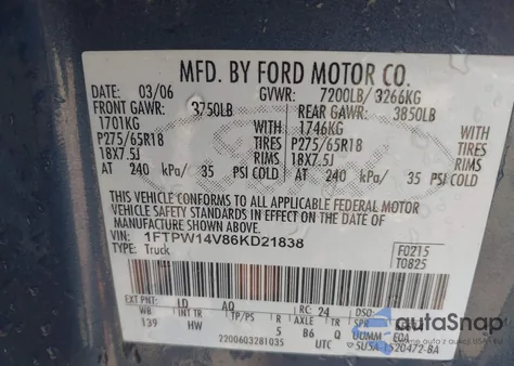 2006 Ford F-150 Fx4/Lariat/Xlt from USA, damaged, VIN 1FTPW14V86KD21838